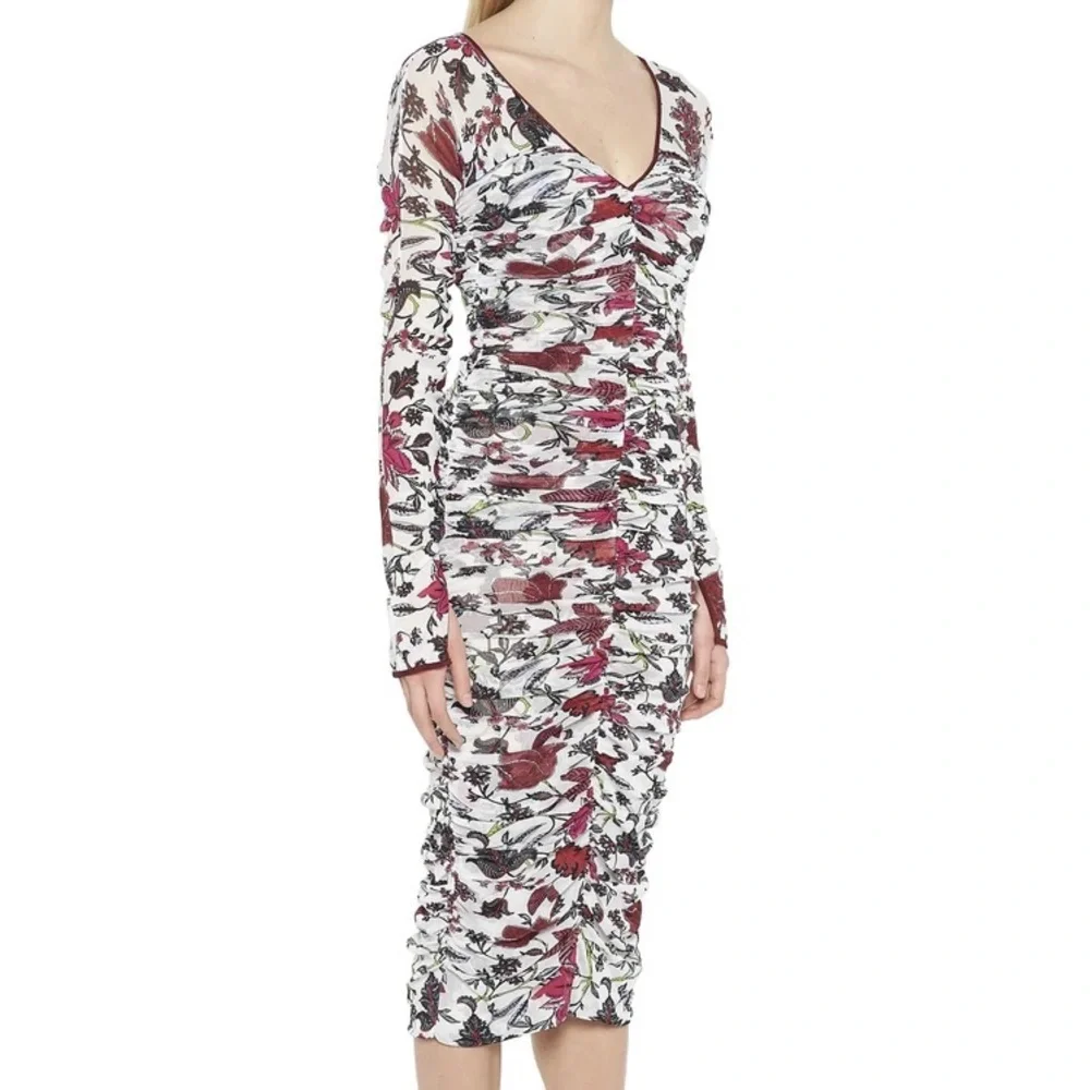 DVF floral gathered fitted king sleeve dress Size 10 - Picture 2 of 8